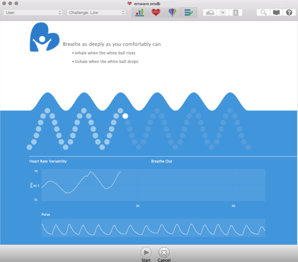 Interaktywny trening spójności serca w aplikacji HeartMath emWave Pro Plus - miernik oddechu i wykres HRV