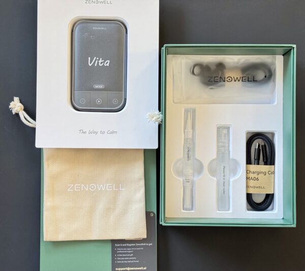 Zawartość zestawu ZenoWell Vita - urządzenie, pokrowiec, żel, kabel